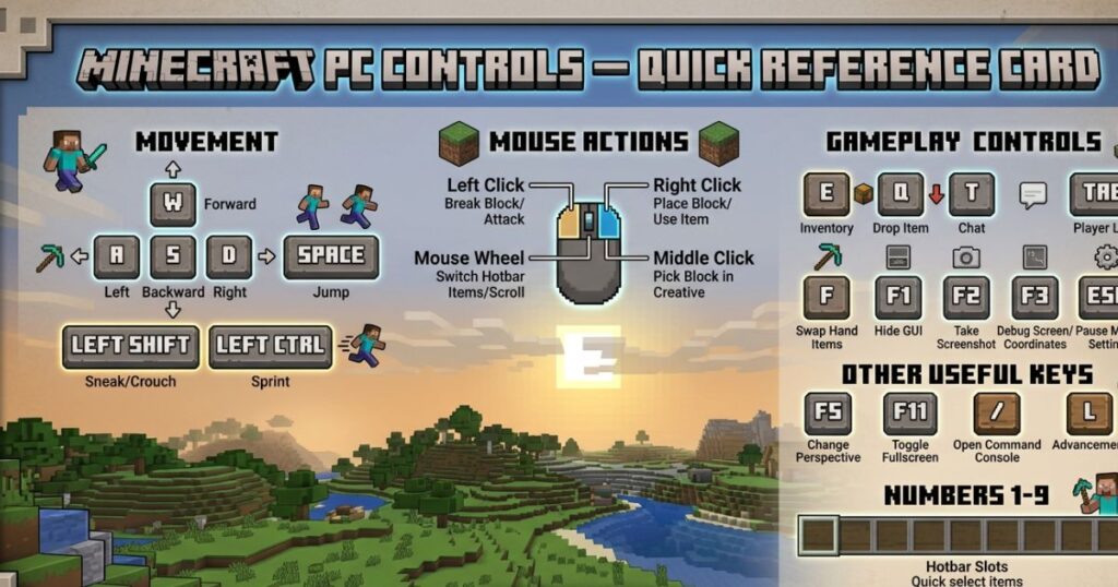 Minecraft PC Controls — Quick Reference Card
